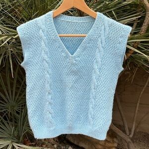 BABY BLUE HANDKNIT Sweater Vest, V-Neck, Cable Knit, Size XS